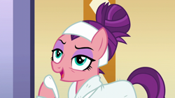Size: 1280x720 | Tagged: safe, screencap, spoiled rich, earth pony, pony, applejack's "day" off, g4, alternate hairstyle, arrogant, bags under eyes, bathrobe, clothes, eyeshadow, female, gloating, hair bun, makeup, mare, narrowed eyes, raised hoof, robe, slippers, smiling, smirk, snobby, solo, spa