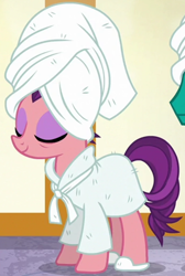 Size: 754x1125 | Tagged: safe, screencap, buddy, spoiled rich, earth pony, pony, applejack's "day" off, g4, bathrobe, clothes, cropped, eyes closed, female, robe, slippers, solo, spa, towel on head