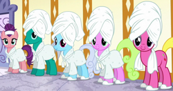 Size: 2124x1125 | Tagged: safe, screencap, buddy, cherry berry, daisy, flower wishes, linky, shoeshine, spoiled rich, earth pony, pony, applejack's "day" off, g4, bathrobe, clothes, cropped, female, male, mare, robe, slippers, spa, stallion, towel on head