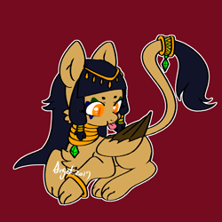 Size: 2448x2449 | Tagged: safe, artist:snow angel, oc, oc only, oc:sophia (snow angel), sphinx, colored pupils, high res, jewelry, red background, simple background, solo, sphinx oc, tongue out