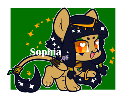 Size: 2764x2169 | Tagged: safe, artist:snow angel, oc, oc only, oc:sophia (snow angel), sphinx, chibi, colored pupils, cute, cute little fangs, fangs, green background, heart eyes, high res, jewelry, ocbetes, simple background, solo, sparkles, sphinx oc, wingding eyes