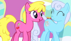 Size: 1968x1125 | Tagged: safe, screencap, cherry berry, linky, shoeshine, earth pony, pony, g4, simple ways, duo, eyes closed, female, mare, walking