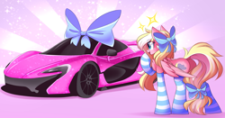 Size: 5434x2849 | Tagged: safe, artist:airiniblock, oc, oc only, oc:bay breeze, pegasus, pony, rcf community, bow, car, clothes, commission, cute, female, hair bow, mare, mclaren, mclaren p1, socks, solo, striped socks