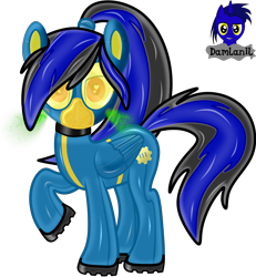 Size: 3840x4154 | Tagged: safe, artist:damlanil, oc, oc only, oc:labys, pegasus, pony, boots, clothes, collar, commission, fallout, female, gas mask, heart, heart eyes, jumpsuit, latex, looking at you, mare, mask, raised hoof, rubber, rubber drone, shiny, shiny mane, shoes, show accurate, simple background, solo, transformation, transparent background, vault 111, vault suit, vault-tec, vector, wingding eyes, wings