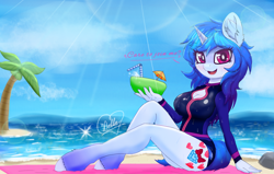 Size: 2356x1496 | Tagged: safe, artist:gempainter32, oc, oc only, oc:diamond nella, unicorn, anthro, unguligrade anthro, anthro oc, beach blanket, beautiful, blue mane, blue tail, bow, breasts, cheek fluff, cleavage, clothes, cloud, cocktail umbrella, coconut, cutie mark, diamond, drink, drinking straw, ear fluff, food, gradient mane, heart, holding, ibispaint x, lens flare, looking at you, magenta eyes, ocean, open mouth, palm tree, rock, sand, sexy, signature, sparkles, summer, sweat, swimsuit, talking to viewer, text, thighs, tree, water, wet, wet hair