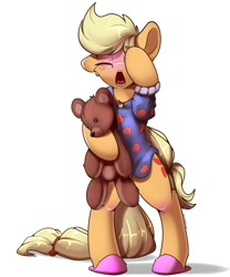 Size: 2500x3000 | Tagged: safe, artist:skitsroom, applejack, earth pony, pony, g4, bipedal, blushing, clothes, cute, eyes closed, female, freckles, high res, jackabetes, mare, open mouth, pajamas, simple background, sleeping, slippers, solo, teddy bear, underhoof, white background, yawn