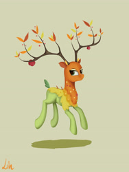 Size: 3543x4724 | Tagged: safe, artist:lin feng, the great seedling, deer, elk, g4, going to seed, apple, female, food, hopping, jumping, shadow, simple background, solo