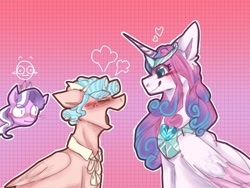 Size: 768x576 | Tagged: safe, artist:jordgubbshmak, cozy glow, diamond tiara, princess flurry heart, alicorn, earth pony, pegasus, g4, blushing, diadem, female, folded wings, jewelry, older, older cozy glow, older flurry heart, open mouth, regalia, trio, trio female, wings