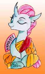 Size: 721x1181 | Tagged: safe, artist:lailyren, ocellus, changedling, changeling, g4, female, one eye closed, orange background, simple background, solo, traditional art, watercolor painting, wink