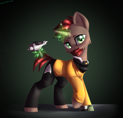 Size: 2500x2400 | Tagged: safe, artist:shido-tara, oc, oc only, oc:6-9, cyborg, pony, unicorn, augmented, crossover, cyber legs, high res, looking at you, phaser, simple background, star trek, star trek (tos)