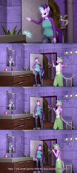 Size: 3840x8640 | Tagged: safe, artist:seriff-pilcrow, spike, starlight glimmer, dragon, unicorn, anthro, g4, the crystalling, 3d, bathroom, clothes, comic, dialogue, flexing, looking good spike, magic, mirror, nexgen, pants, scene interpretation, shirt, source filmmaker, subtitles, telekinesis, towel