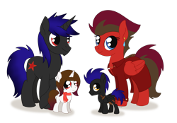 Size: 2122x1473 | Tagged: safe, artist:dyonys, oc, oc:artis, oc:diamond cave, oc:dragon fly, oc:red saber, pegasus, pony, unicorn, amputee, artificial wings, augmented, clothes, coat, colt, ear piercing, earring, family, female, filly, jewelry, male, mare, piercing, prosthetic limb, prosthetic wing, prosthetics, scarf, show accurate, simple background, stallion, sword, transparent background, weapon, wings