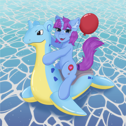 Size: 2500x2500 | Tagged: safe, artist:nekoshanka, oc, oc only, oc:mobian, lapras, pony, unicorn, balloon, balloon fetish, blue background, blue eyes, commission, cute, fetish, finished commission, high res, inflatable, inflatable fetish, inflatable lapras, inflatable pokémon, inflatable toy, male, pokémon, pool toy, purple hair, simple background, solo, summer, water, ych result