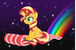 Size: 6634x4417 | Tagged: safe, artist:anime-equestria, sunset shimmer, pony, unicorn, g4, bacon, bacon hair, cute, female, flying, food, horn, mare, meat, rainbow, shimmerbetes, sitting, smiling, solo, space, stars