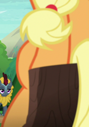 Size: 502x718 | Tagged: safe, screencap, applejack, winter flame, kirin, pony, g4, sounds of silence, background kirin, close-up, cropped, female, hips, sitting, solo focus, tree stump