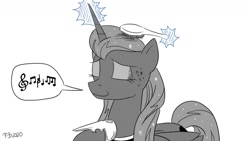 Size: 1200x675 | Tagged: safe, artist:pony-berserker, princess luna, alicorn, pony, pony-berserker's twitter sketches, g4, brush, eyes closed, female, halftone, hoof on chest, hoof shoes, humming, i can't believe it's not idw, magic, mare, monochrome, music notes, partial color, pictogram, simple background, solo, telekinesis, white background