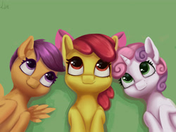 Size: 4724x3543 | Tagged: safe, artist:lin feng, apple bloom, scootaloo, sweetie belle, earth pony, pegasus, pony, unicorn, g4, adorabloom, apple bloom's bow, bow, cute, cutealoo, cutie mark crusaders, diasweetes, female, filly, foal, green background, hair bow, looking up, lying, lying down, lying in grass, on back, simple background, smiling, spread wings, wings