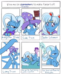 Size: 2000x2400 | Tagged: safe, artist:rocket-lawnchair, starlight glimmer, trixie, pony, unicorn, g4, 3:, ah yes me my girlfriend and her x, alternate hairstyle, babysitter trixie, bath water, bed, cake, clothes, crossing the memes, duckface, everything is cake, female, floppy ears, food, frown, gamer girl bath water, grin, hat, high res, hoodie, lidded eyes, long pony, long trixie, looking at you, looking up, meme, open mouth, plushie, pun, sailor moon, sailor moon (series), sailor moon redraw meme, self plushidox, self ponidox, simple background, six fanarts, smiling, smirk, smug, trixie's hat, tsukino usagi, unamused, wat, white background, wide eyes, worried