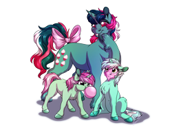 Size: 3000x2300 | Tagged: safe, artist:lupiarts, fizzy, lyra heartstrings, minty bubblegum, pony, twinkle eyed pony, unicorn, g1, g4, bow, bubble, bubblegum, chest fluff, cute, female, filly, food, gum, headcanon, high res, mother and child, mother and daughter, siblings, simple background, sisters, tail bow, transparent background, unshorn fetlocks