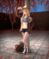Size: 900x1080 | Tagged: safe, artist:fluffyrescent, derpy hooves, human, g4, 3d, adorasexy, baseball cap, blender, blender eevee, breasts, cap, cleavage, clothes, coat, cute, female, hat, humanized, jacket, looking at you, mailbag, render, sexy, shoes, shorts, sneakers, solo, sports bra, top, tree