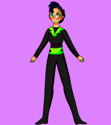 Size: 1600x1800 | Tagged: safe, artist:unikitty66, oc, oc only, oc:emerald fang, human, blushing, clothes, commission, fangs, female, grin, humanized, humanized oc, purple background, simple background, smiling, solo, the washouts, uniform, washouts uniform