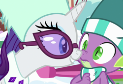 Size: 1580x1080 | Tagged: safe, screencap, rarity, spike, dragon, pony, unicorn, g4, my little pony best gift ever, blushing, boop, cropped, female, male, mare, noseboop