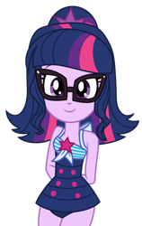 Size: 1024x1617 | Tagged: safe, artist:emeraldblast63, sci-twi, twilight sparkle, equestria girls, g4, alternate hairstyle, beautiful, clothes, cute, female, glasses, legs together, one-piece swimsuit, sci-twi swimsuit, simple background, sleeveless, solo, swimsuit, transparent background, twiabetes, vector