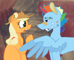 Size: 1280x1046 | Tagged: safe, artist:losemeh, applejack, rainbow dash, earth pony, pegasus, pony, g4, abstract background, alternate design, amazed, applejack's hat, bandaid, bandaid on nose, broken teeth, cowboy hat, ear piercing, female, gap teeth, hairband, half r63 shipping, hat, looking at each other, male, mare, patch, piercing, ponytail, rainbow blitz, raised hoof, redesign, rule 63, scrunchie, ship:appleblitz, ship:appledash, shipping, shocked, smiling, spread wings, stallion, straight, surprised, torn ear, two toned wings, wings