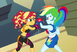 Size: 900x607 | Tagged: safe, artist:sapphiregamgee, rainbow dash, sunset shimmer, human, equestria girls, g4, boxing, boxing gloves, boxing shorts, canterlot high, clothes, duo, duo female, female, fight, gym, gymnasium, sleeveless, smiling, sports, sports bra, sweat