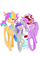 Size: 2000x3000 | Tagged: safe, artist:twilightcomet, oc, oc only, oc:autumn equinox, oc:flicker flash, oc:ruby perl, bat pony, pony, bat pony oc, bat wings, female, high res, mare, open mouth, side hug, signature, simple background, smiling, sunglasses, transparent background, wings