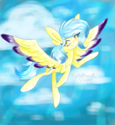 Size: 945x1029 | Tagged: safe, artist:twilightcomet, oc, oc only, pegasus, pony, cloud, eyelashes, female, flying, mare, outdoors, pegasus oc, solo, wings