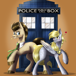 Size: 2000x2000 | Tagged: safe, artist:sugar0612, derpy hooves, doctor whooves, time turner, earth pony, pegasus, pony, lovestruck derpy, g4, blushing, couple, crossover, doctor who, female, heart, high res, male, mare, ship:doctorderpy, shipping, stallion, straight, tardis, the doctor