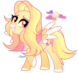Size: 2356x2194 | Tagged: safe, alternate version, artist:picasu, oc, oc only, oc:soaring sunlight, pegasus, pony, cyber-questria, female, freckles, grin, high res, mare, markings, multicolored hair, raised hoof, simple background, smiling, solo, spy, transparent background