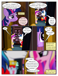 Size: 612x792 | Tagged: safe, artist:newbiespud, edit, edited screencap, screencap, queen chrysalis, shining armor, twilight sparkle, alicorn, pony, unicorn, comic:friendship is dragons, a canterlot wedding, g4, clothes, comic, dialogue, door, eyelashes, female, frown, hiding, indoors, male, mare, screencap comic, stallion, unicorn twilight, worried