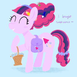 Size: 2048x2048 | Tagged: safe, artist:cailene, oc, oc only, oc:study party, earth pony, pony, bag, basket, blue background, female, high res, hoof hold, magical lesbian spawn, misspelling, next generation, offspring, parent:pinkie pie, parent:twilight sparkle, parents:twinkie, saddle bag, simple background, solo