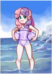 Size: 1540x2160 | Tagged: safe, artist:drantyno, sweetie belle, human, equestria girls, g4, beach, blushing, clothes, female, inner tube, looking at you, ocean, one-piece swimsuit, solo, swimsuit