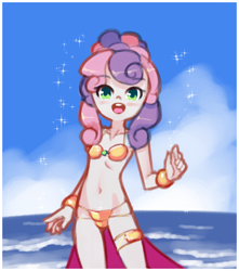 Size: 1230x1390 | Tagged: safe, artist:drantyno, sweetie belle, human, equestria girls, g4, alternate hairstyle, beach, belly button, belly dancer, belly dancer outfit, bikini, blushing, bracelet, child, clothes, female, jewelry, leg bracelet, looking at you, midriff, ocean, solo, swimsuit, young