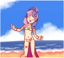 Size: 1980x1780 | Tagged: safe, artist:drantyno, sweetie belle, human, g4, alternate hairstyle, armlet, beach, belly button, belly dancer, belly dancer outfit, bikini, blushing, bracelet, child, clothes, female, humanized, jewelry, leg bracelet, midriff, necklace, ocean, solo, swimsuit, young
