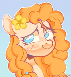 Size: 967x1057 | Tagged: safe, artist:onionpwder, pear butter, earth pony, pony, g4, blue background, blushing, cute, female, flower, flower in hair, mare, pearabetes, simple background, solo