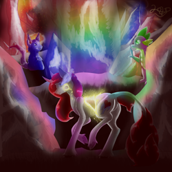 Size: 5800x5800 | Tagged: safe, artist:florarena-kitasatina/dragonborne fox, spike, oc, oc:katie rubywing, changeling, dragon, pony, g4, absurd resolution, butt, cave, cavern, changeling oc, crossover, crystal, duo, featureless crotch, glamour failure, nolegs (epic battle fantasy), plot, rainbow crystals, raised leg, red changeling, shading, signature, watermark, wraith