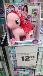 Size: 1088x1920 | Tagged: safe, photographer:rautamiekka, pinkie pie, earth pony, pony, g4, female, finnish, irl, magic marker pony, mare, package, photo, plushie, shop