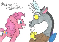 Size: 1069x761 | Tagged: safe, artist:cmara, discord, pinkie pie, draconequus, earth pony, pony, g4, duo, duo male and female, excited, female, grin, looking at each other, looking at someone, male, mare, simple background, smiling, traditional art, white background