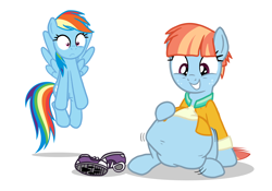 Size: 2388x1668 | Tagged: safe, artist:lachlandingoofficial, rainbow dash, windy whistles, oc, oc:lachlan dingo, pegasus, pony, g4, belly, clothes, converse, embarrassed, endosoma, faic, female, mare, non-fatal vore, shoes, sitting, vore