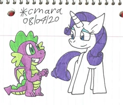 Size: 937x800 | Tagged: safe, artist:cmara, rarity, spike, dragon, pony, unicorn, g4, eyeshadow, female, grin, makeup, male, mare, ship:sparity, shipping, simple background, smiling, straight, traditional art, white background, winged spike, wings