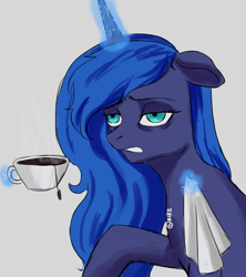 Size: 2299x2592 | Tagged: safe, artist:nire, princess luna, alicorn, pony, g4, bags under eyes, cup, female, floppy ears, gray background, high res, magic, magic aura, sick, simple background, solo, teacup, tired, tissue