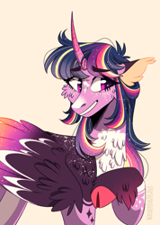 Size: 729x1024 | Tagged: safe, artist:wanderingpegasus, twilight sparkle, alicorn, pony, g4, alternate hairstyle, chest fluff, cloven hooves, colored hooves, curved horn, cute, ear fluff, feathered fetlocks, female, freckles, grin, horn, mare, markings, raised hoof, redesign, simple background, smiling, solo, twiabetes, twilight sparkle (alicorn), unshorn fetlocks, yellow background