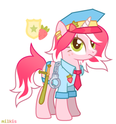 Size: 1296x1383 | Tagged: safe, artist:milkis, oc, oc only, oc:officer sweet strawberry, pony, unicorn, badge, baton, belt, clothes, cuffs, ear piercing, earring, female, food, freckles, hat, jewelry, mare, markings, necktie, nightstick, piercing, po-po, police, police hat, police officer, police uniform, shirt, simple background, solo, strawberry, tonfa, white background