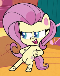 Size: 665x838 | Tagged: safe, screencap, fluttershy, pony, g4, g4.5, my little pony: pony life, the 5 habits of highly effective ponies, bipedal, cropped, female, hooves on hips, open mouth, proud, sassy, sassyshy, solo