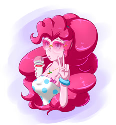 Size: 1850x2000 | Tagged: safe, artist:albertbm, pinkie pie, equestria girls, g4, drinking, female, looking at you, peace sign, sleeveless, solo, sunglasses