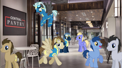 Size: 1920x1080 | Tagged: safe, artist:chainchomp2 edits, blues, crescent pony, doctor whooves, lucky clover, mane moon, meadow song, noteworthy, star hunter, thorn (g4), thunderlane, time turner, earth pony, pegasus, pony, g4, hotel, irl, male, photo, ponies in real life, stallion